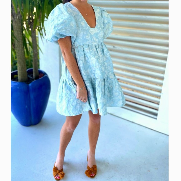 Puff Sleeve Jacquard Silver Blue Dress - Picture 4 of 13